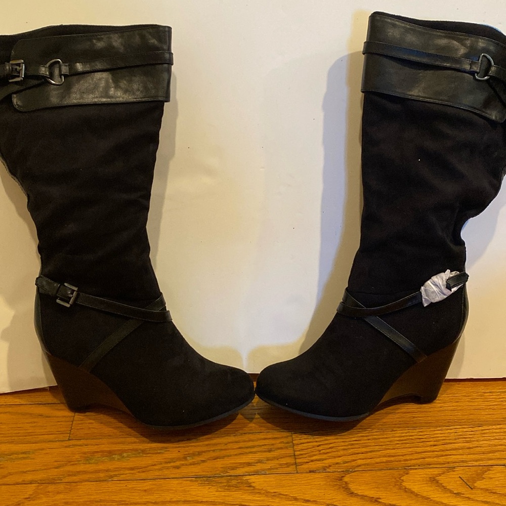 Faux suede black wedge boots. New